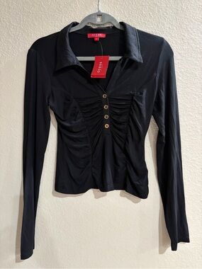 GUESS NWT Ruched Long Sleeve Button Front Top Blouse Black Size S Y2K Chic